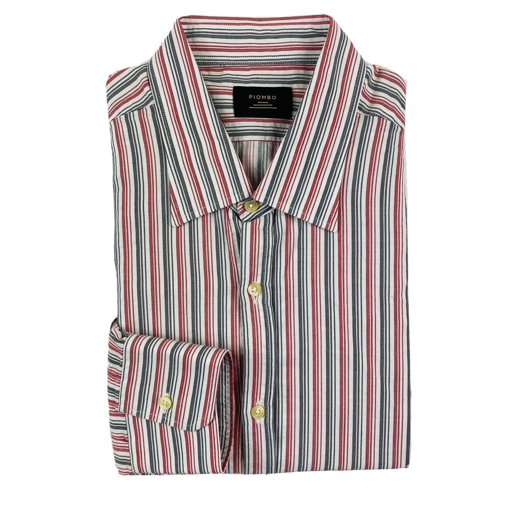 PIOMBO Mens Red Gray Striped Cotton Button Front Shirt Size 17 43 NWT